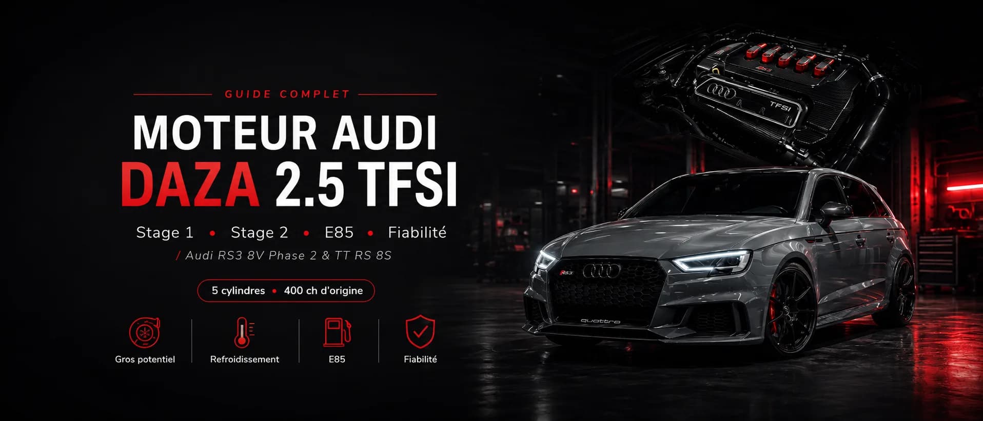 Audi RS3 8V équipée du moteur 2.5 TFSI DAZA préparée en Stage 1, Stage 2 et E85