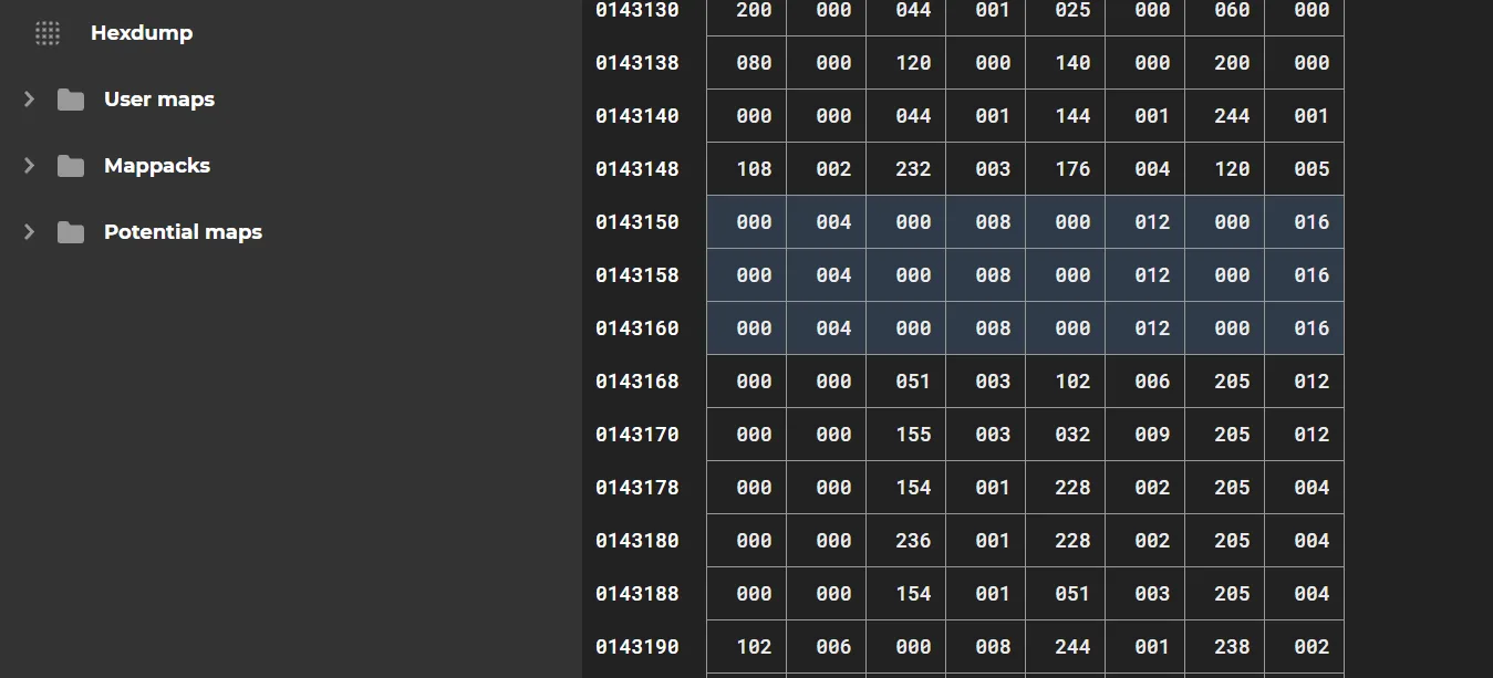 Extrait des données brutes du calculateur moteur dans le logiciel de calibration.